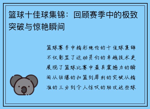 篮球十佳球集锦:回顾赛季中的极致突破与惊艳瞬间